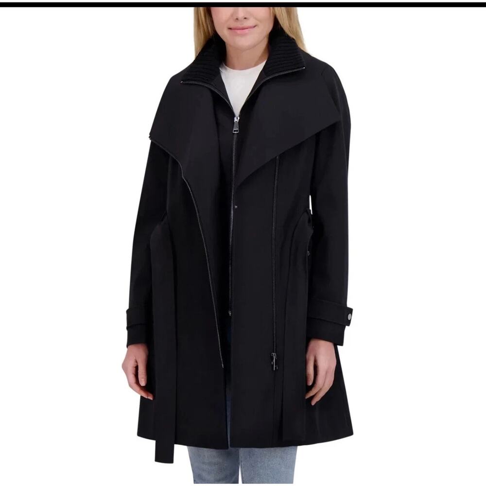 Halston Women's Belted Trench Coat  Black Color Long xs